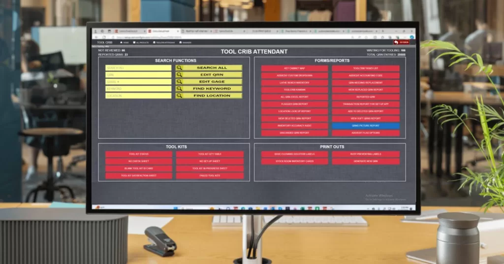 ToolCrib Application Attendant This Tool Crib integration with the setup app is for automatic synchronization of tooling data (e.g. tool selection, maintenance, cutting tools like end mills, drill bits, face mills, reamers, thread mills, and specialized tools) to ensure only tools available on a specific machine are selectable for setup sheets associated with that machine profile.